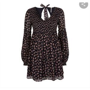 Free People Marina Mini Dress Long Sleeves Tie Back Navy Blue Women's Size XS